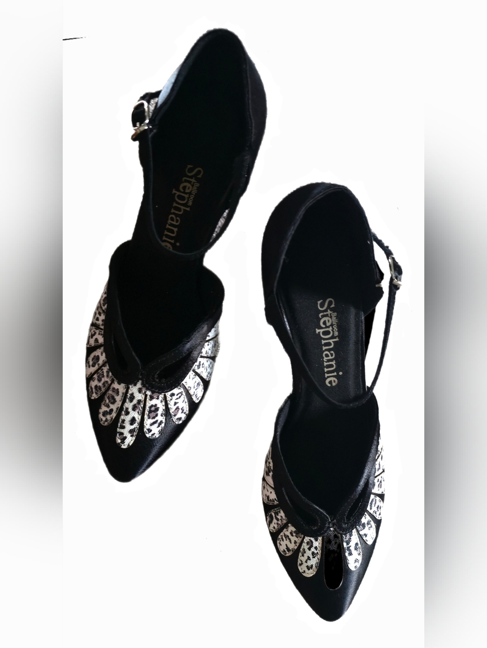 Ballroom Stephanie Black Satin White Leopard Print Motif Dancing Shoes Size 7 - Picture 4 of 11